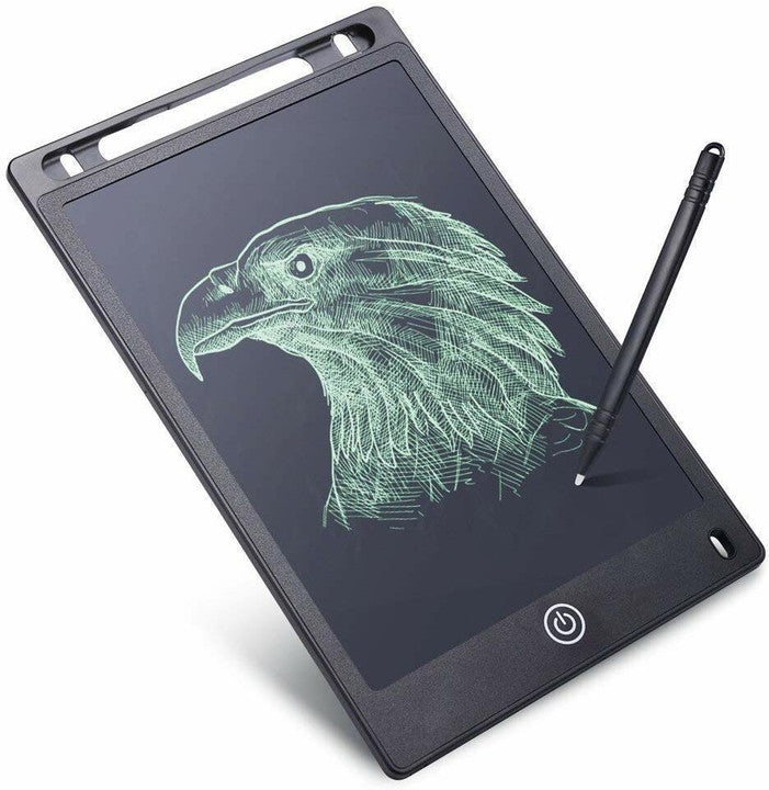 Small electronic drawing tablet with a stylus, displaying an eagle illustration on a white background.