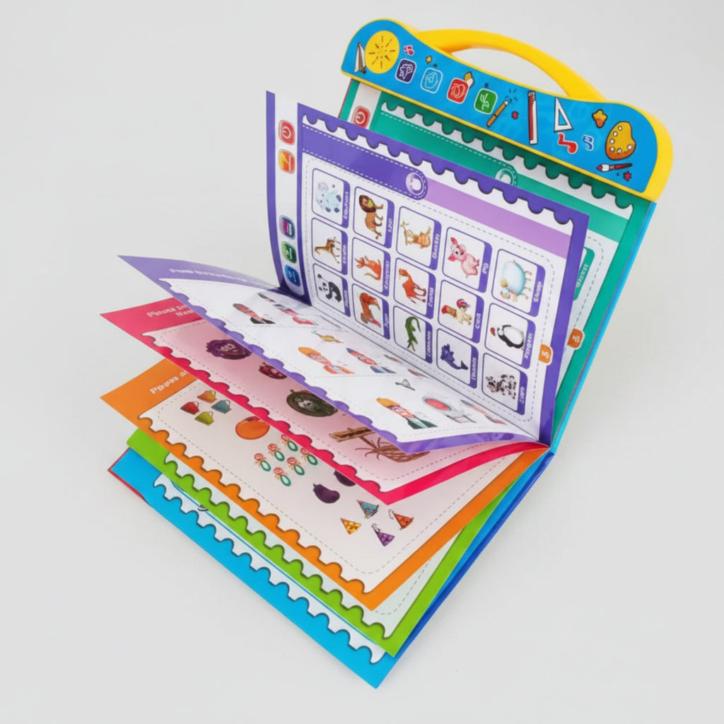 Colorful children's educational book with illustrations and a toy-like design on a white background.